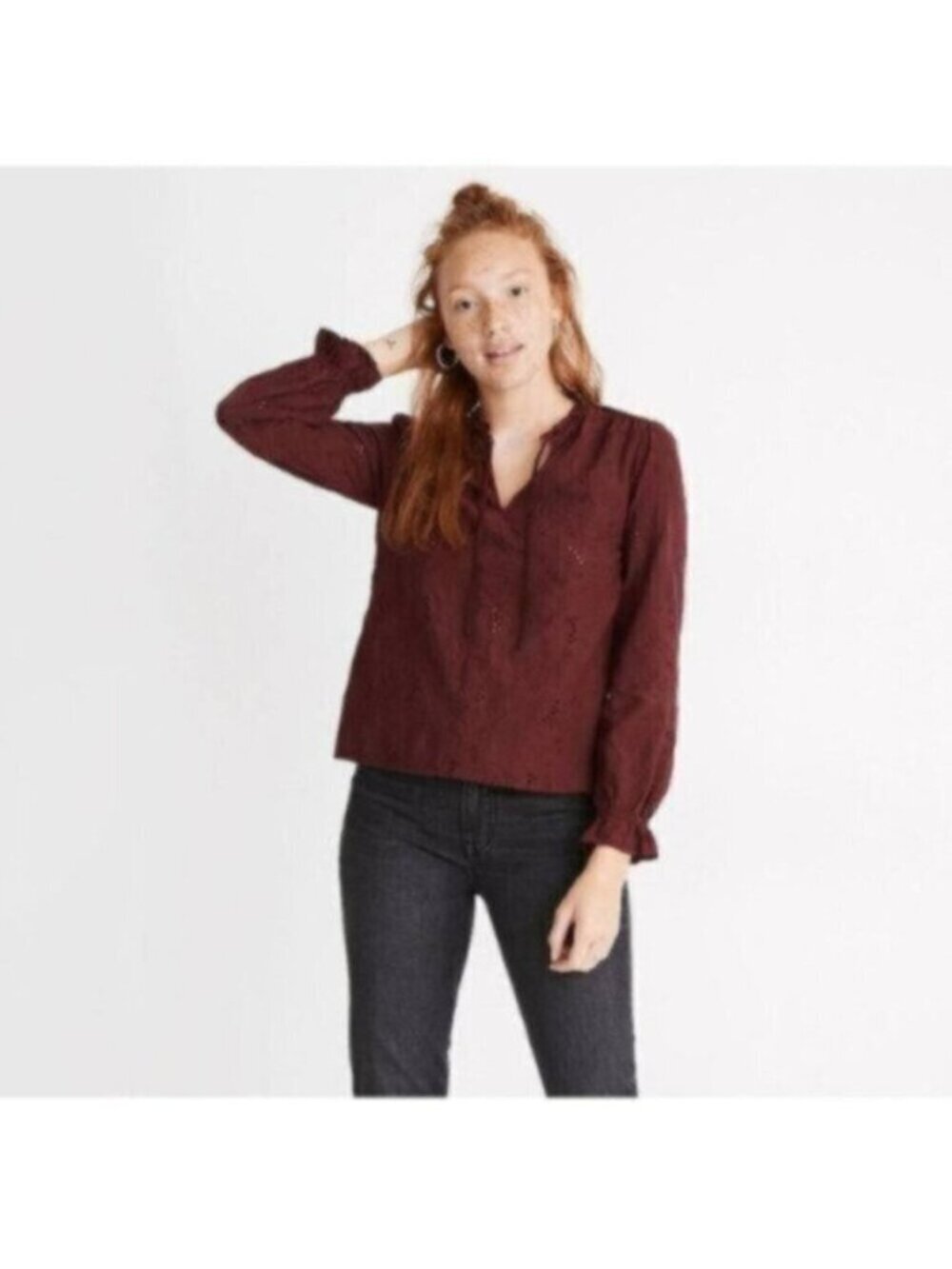 Madewell | Women's Maroon Embroidered Eyelet Ruffled Popover Top Size XS
